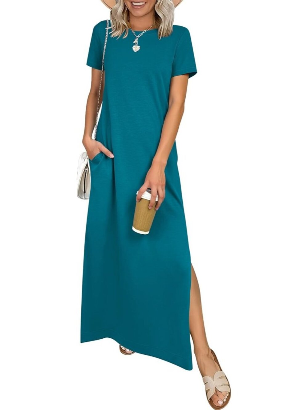 Women's Lake Blue Crewneck Summer Casual Maxi Short Sleeve Split Long Dress